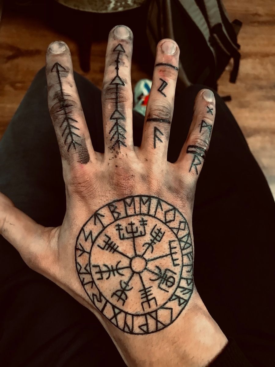 Hand Vegvisir and Finger Rune Tattoo Tattoo Design