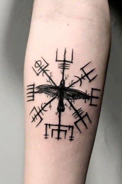 Minimal Raven Vegvisir Forearm Tattoo Tattoo Design