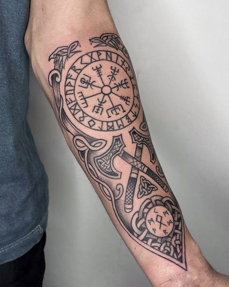 Norse Compass and Hammer Forearm Panel Tattoo Design
