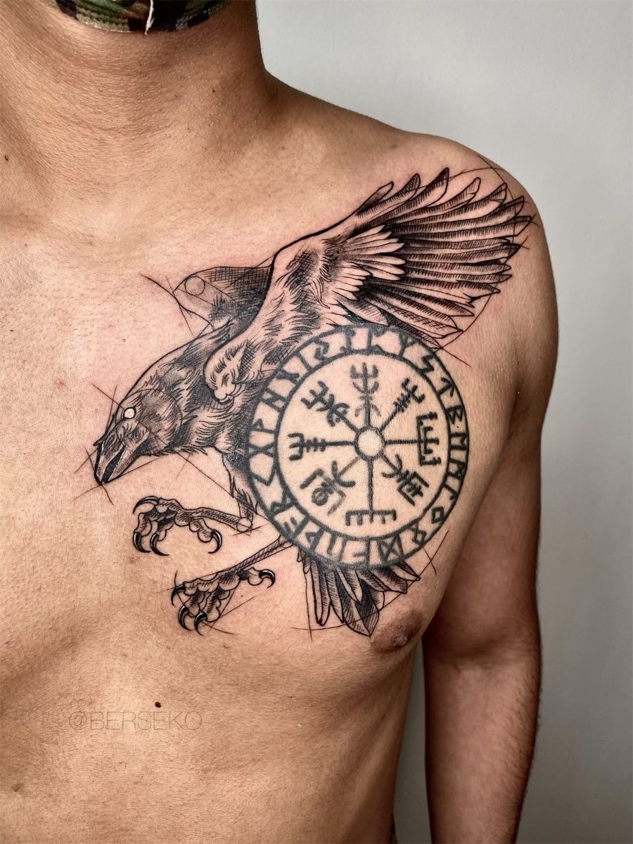 Raven and Vegvisir Chest Piece Tattoo Design