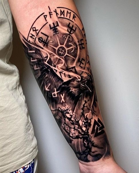 Raven and Vegvisir Shadow Sleeve Tattoo Design