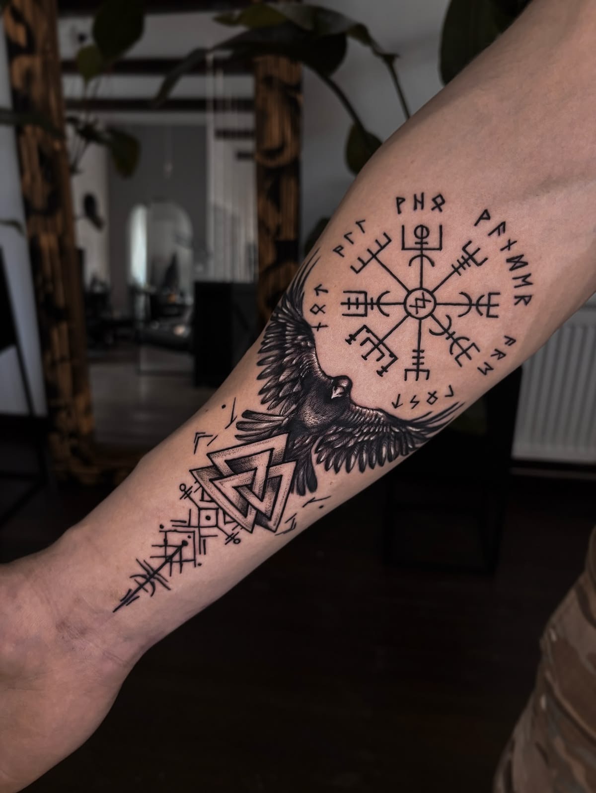 Raven, Valknut, and Rune Forearm Tattoo Design