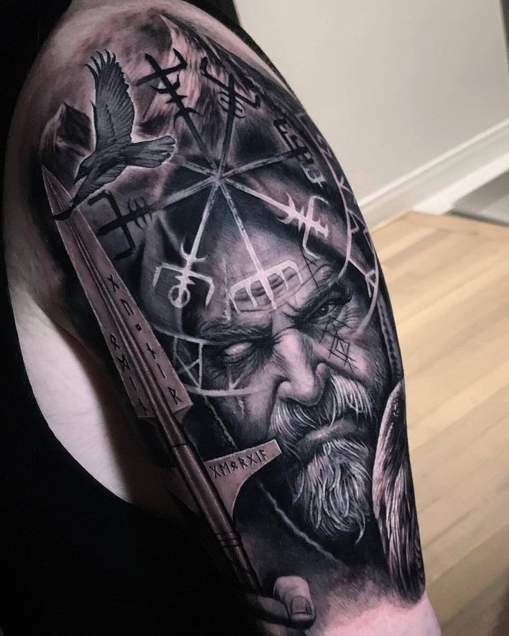 Realistic Viking Warrior Shoulder Tattoo Tattoo Design