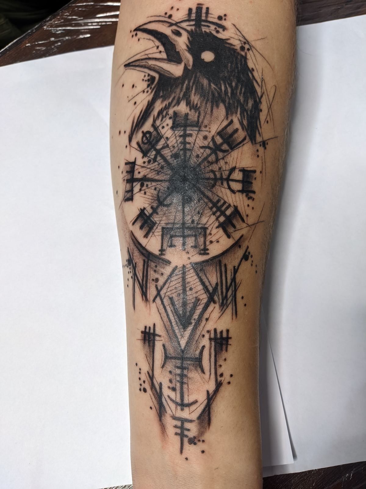 Sketch Raven Compass Forearm Tattoo Design