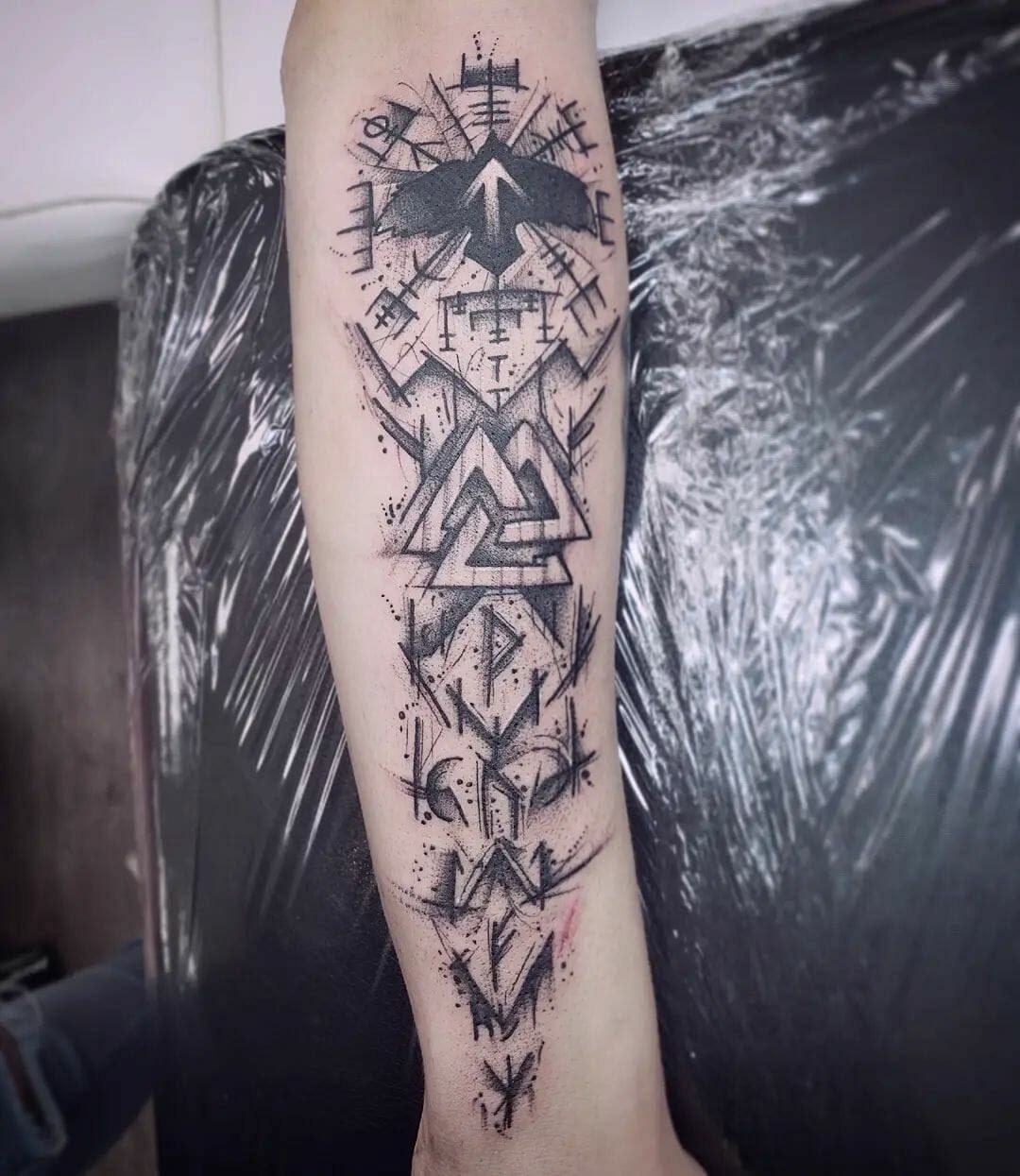 Sketchy Raven and Valknut Forearm Design Tattoo Design