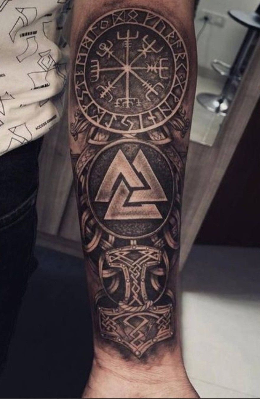 Valknut and Compass Symbol Stack Tattoo Design