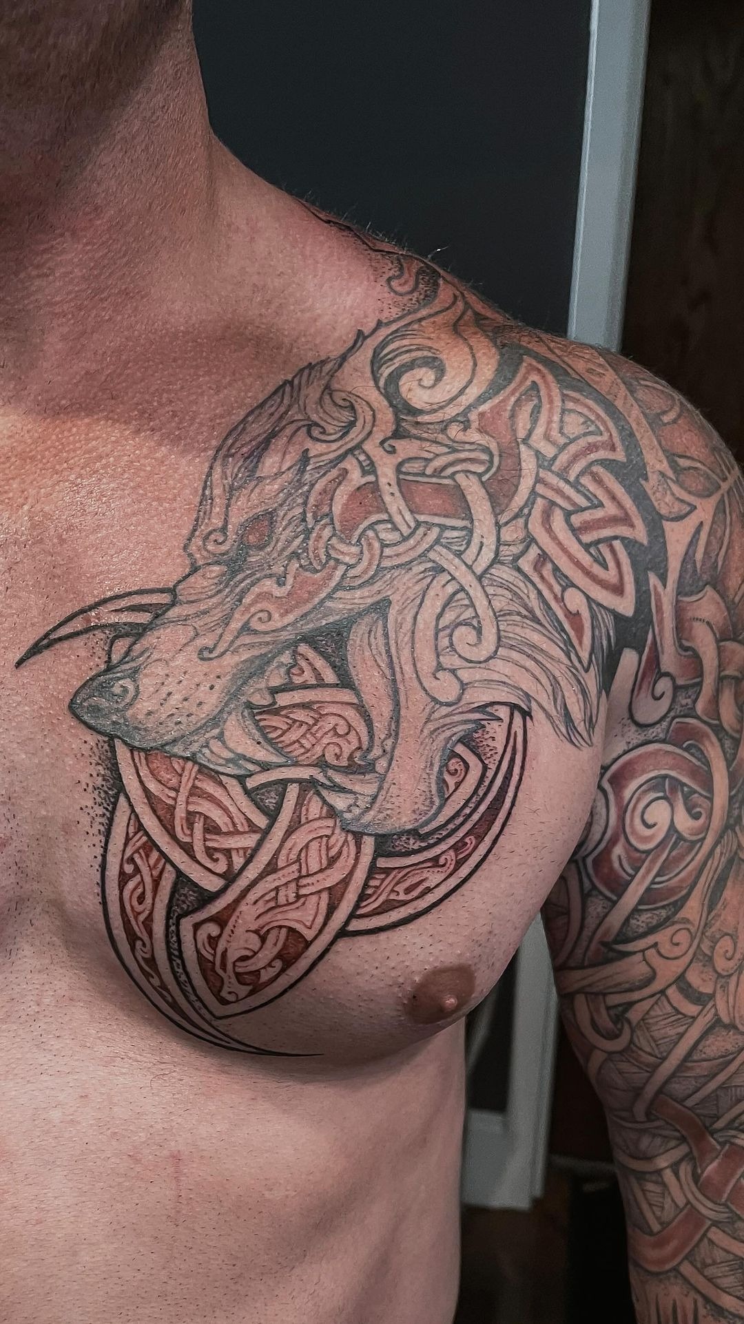 Wolf Knotwork Chest and Shoulder Design Tattoo Design