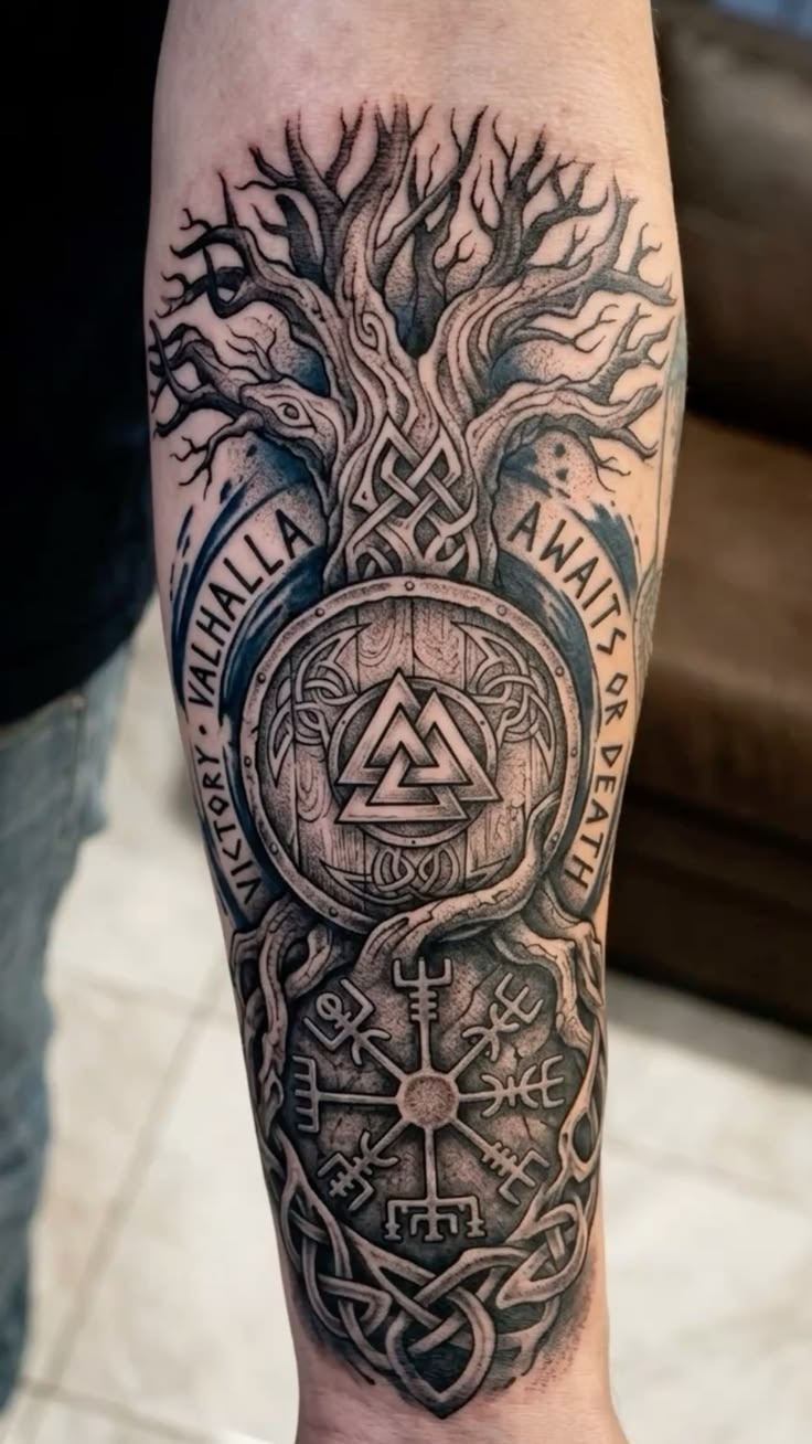 Yggdrasil, Valknut, and Compass Sleeve Tattoo Design