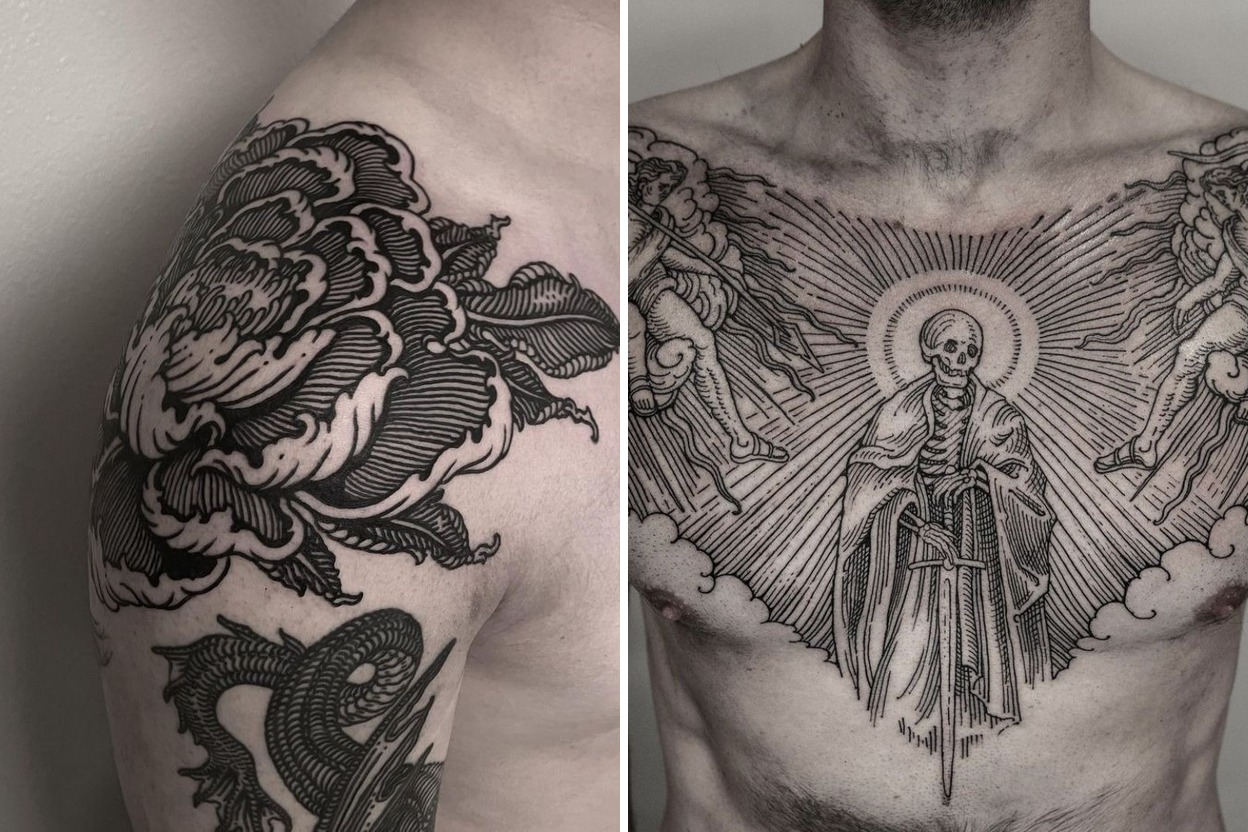 33+ Bold Woodcut Tattoo Ideas & Inspiration Featured Lookbook Collage