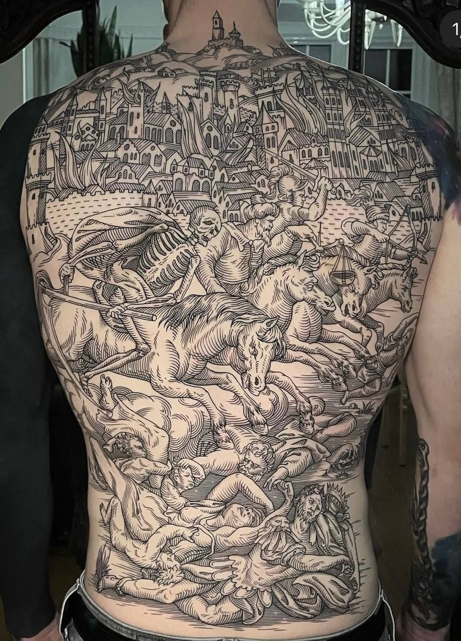 Full Back Battle Scene: Museum-Level Woodcut Drama Tattoo Design