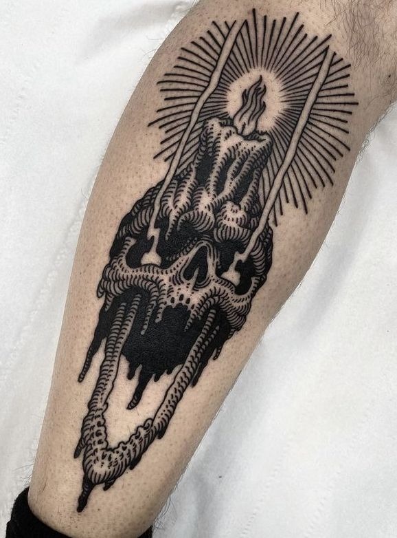 Melting Skull Candle with Radiant Flames Tattoo Design