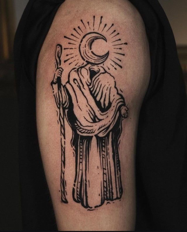 Moon-Headed Wanderer with Ritual Vibes Tattoo Design
