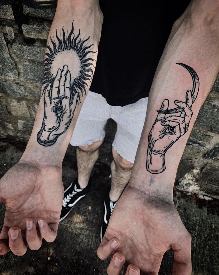 Sun and Crescent Hand Pair Tattoo Design