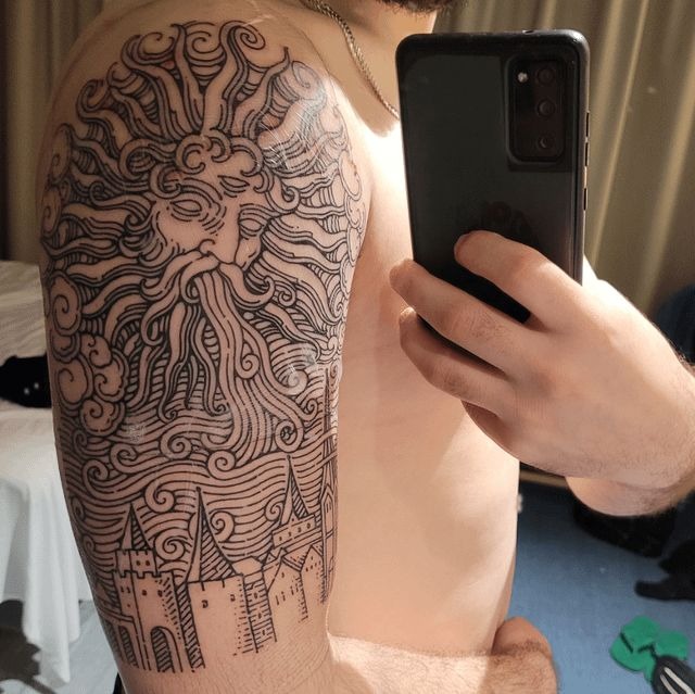 Sun God and Castle Sleeve Moment Tattoo Design