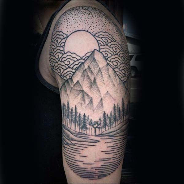 Woodcut Mountain Scene with a Big Moon Tattoo Design