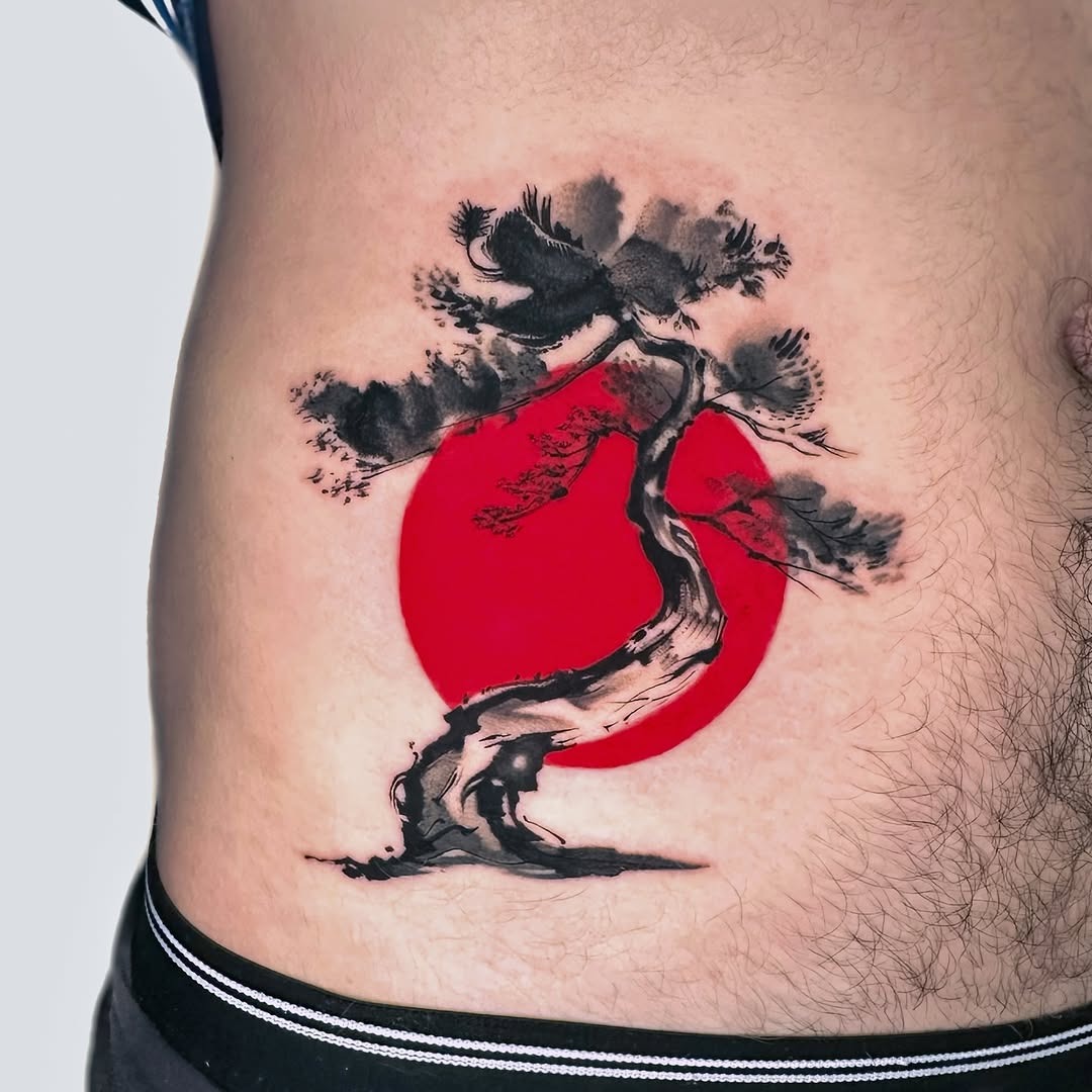 Artistic bonsai tattoo against a vibrant red sun Tattoo Design