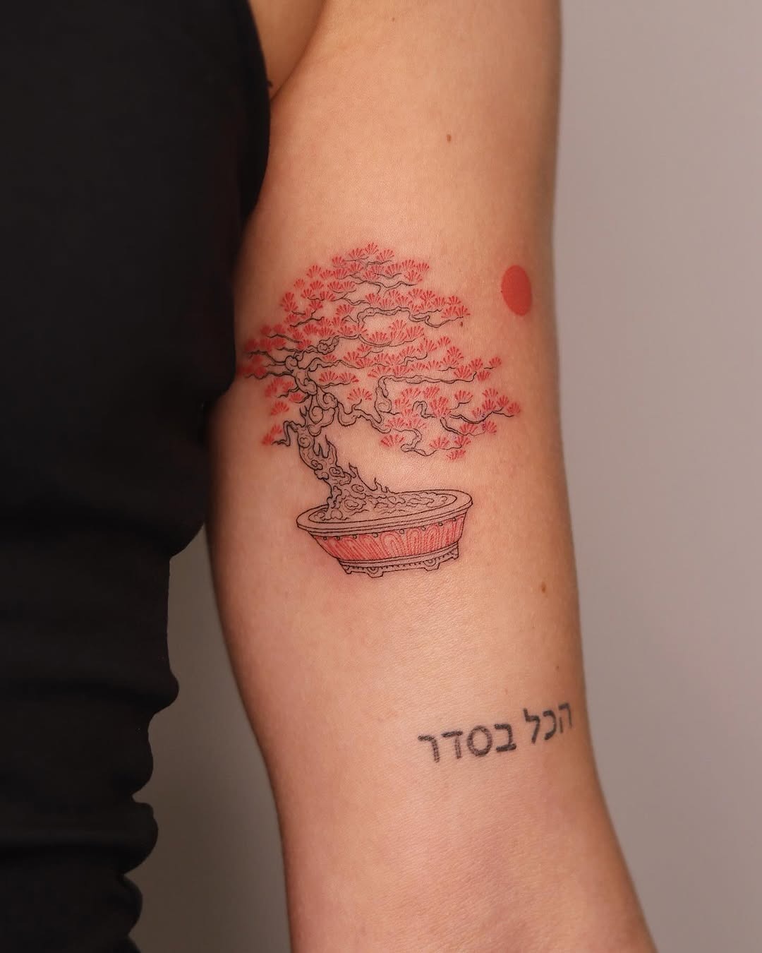 Elegant bonsai tattoo adorned with red hues Tattoo Design