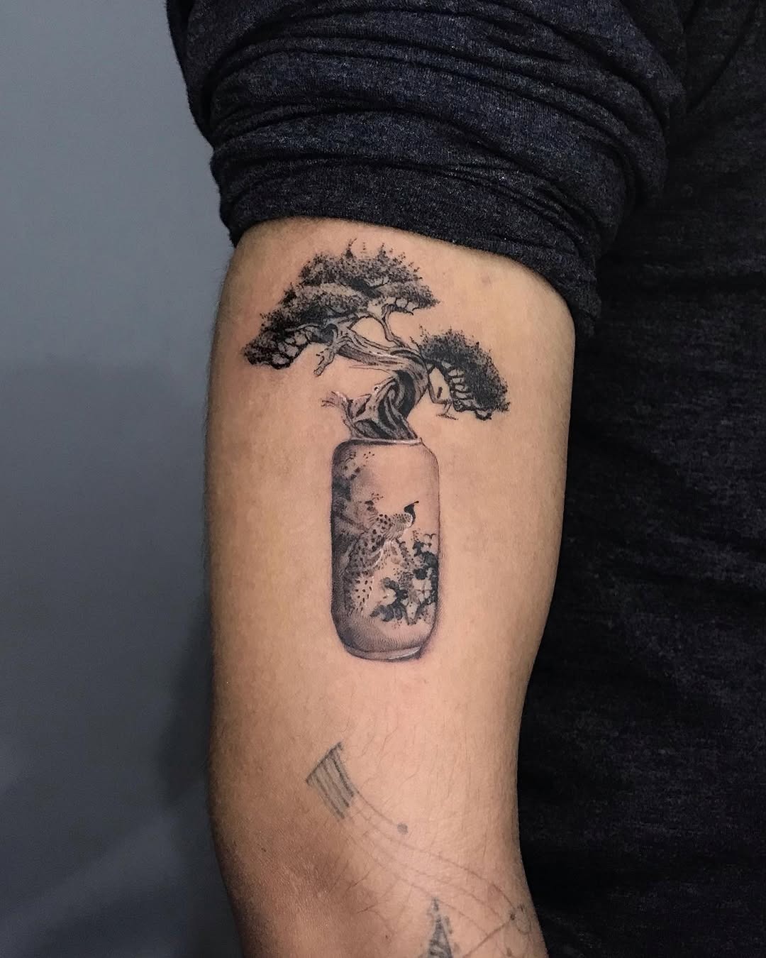 Elegant bonsai tattoo encased in a jar Tattoo Design