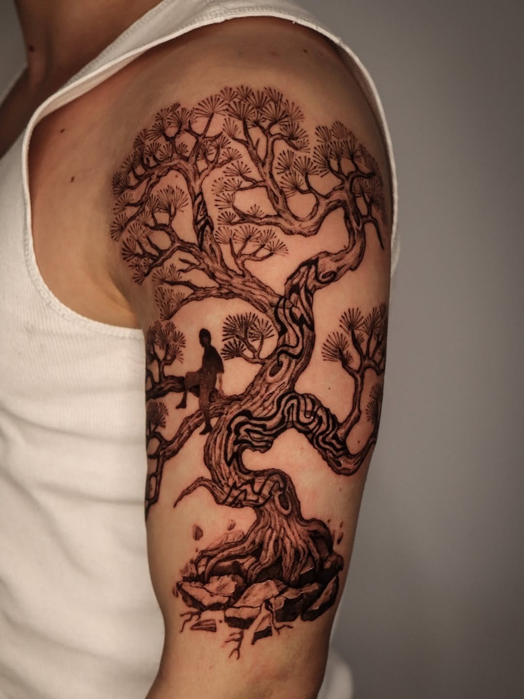 Intricate bonsai tree sleeve tattoo showcases artistry Tattoo Design