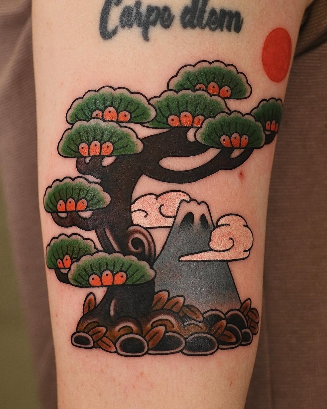Stunning bonsai tattoo with mountain backdrop Tattoo Design
