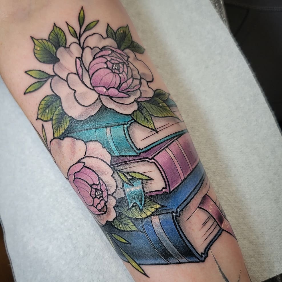 Bold Peonies and Books Tattoo Tattoo Design