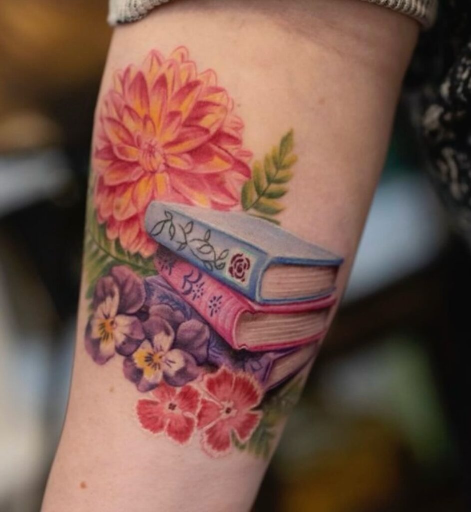 Colorful Floral Book Stack Tattoo Tattoo Design