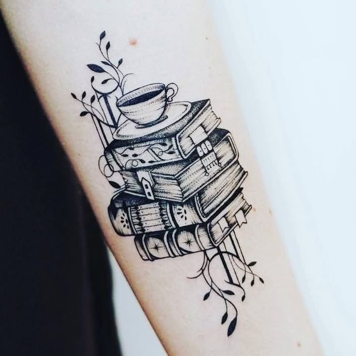 Cozy Book Stack and Teacup Tattoo Tattoo Design