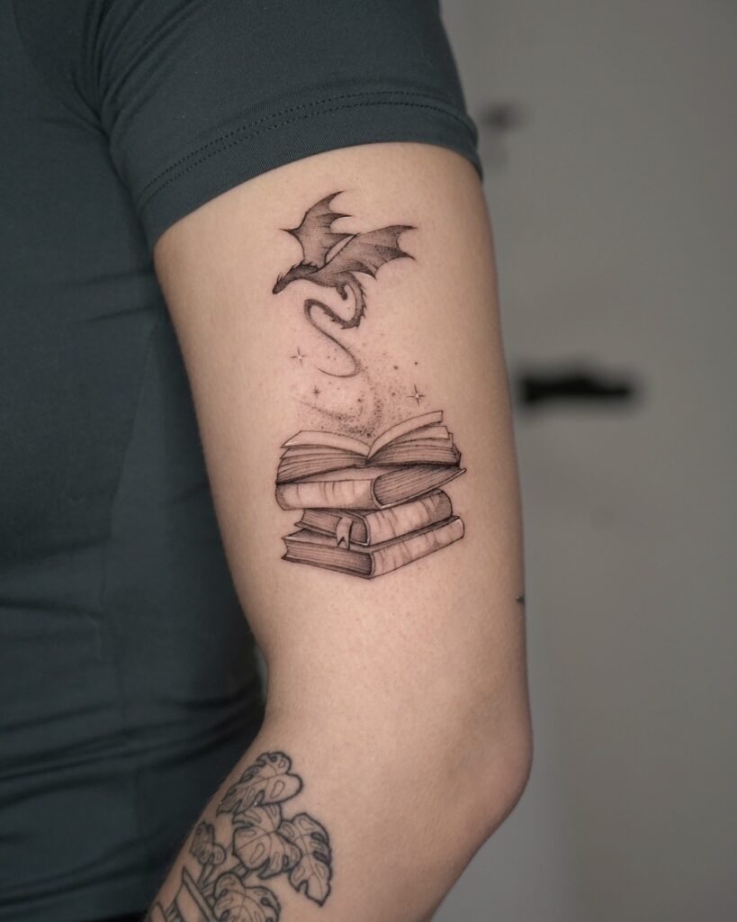 Fantasy Dragon and Books Tattoo Tattoo Design