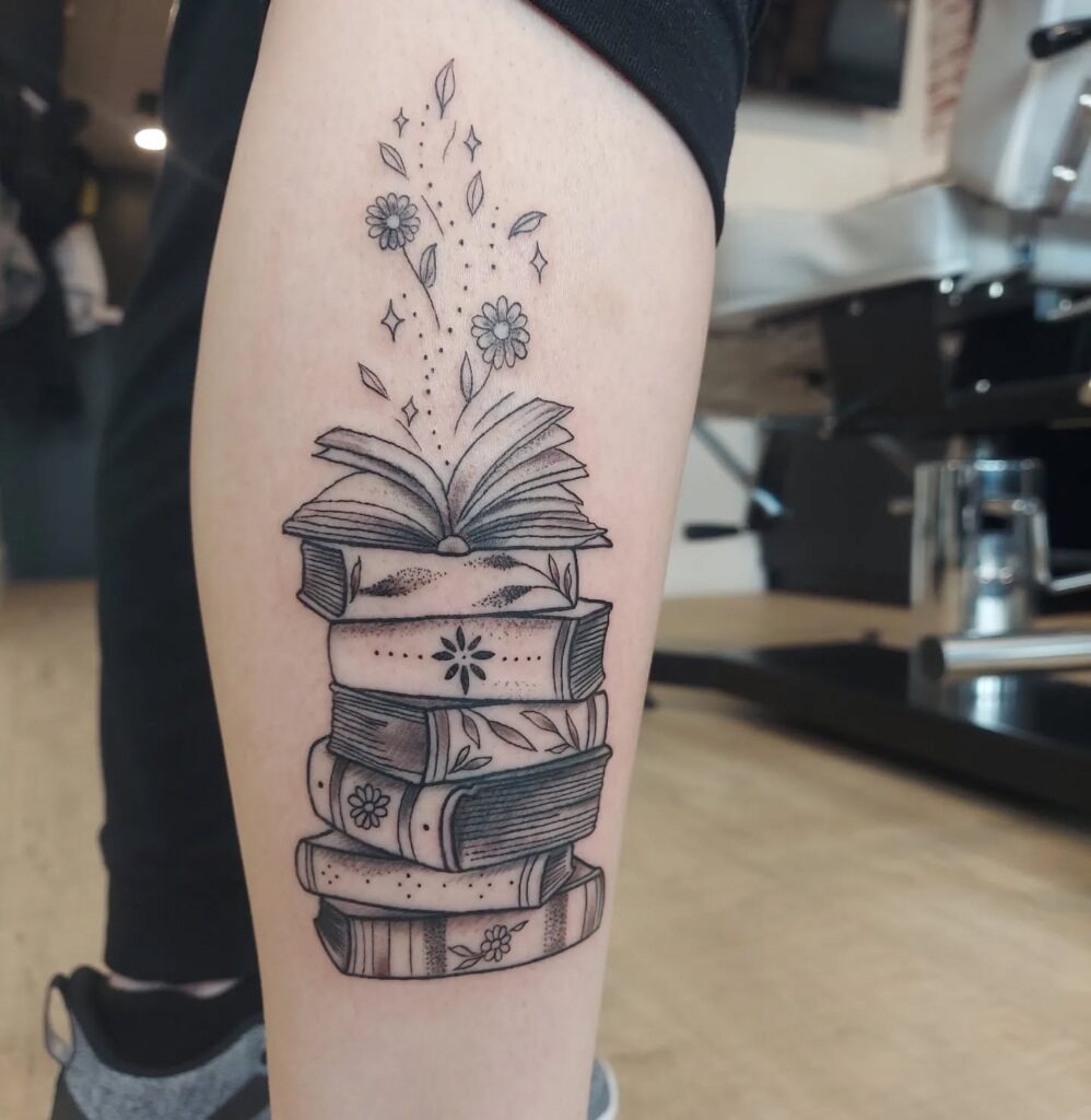 Floral Fantasy Book Stack Tattoo Tattoo Design