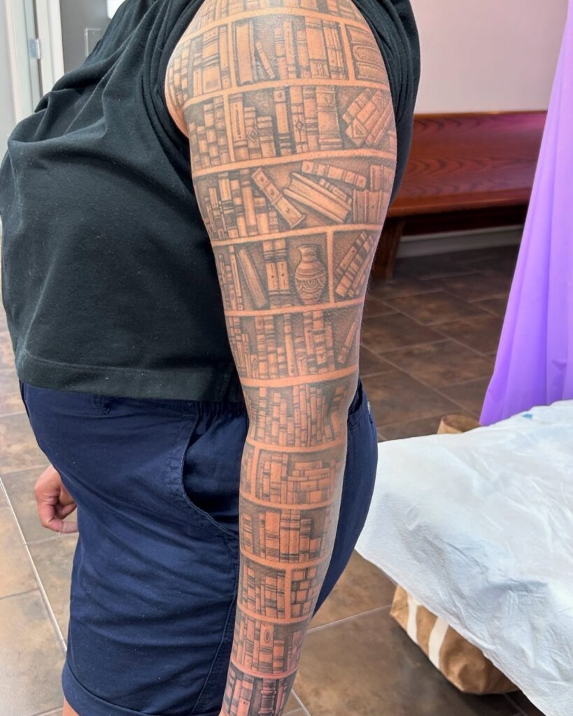 Full Sleeve Library Bookshelf Tattoo Tattoo Design