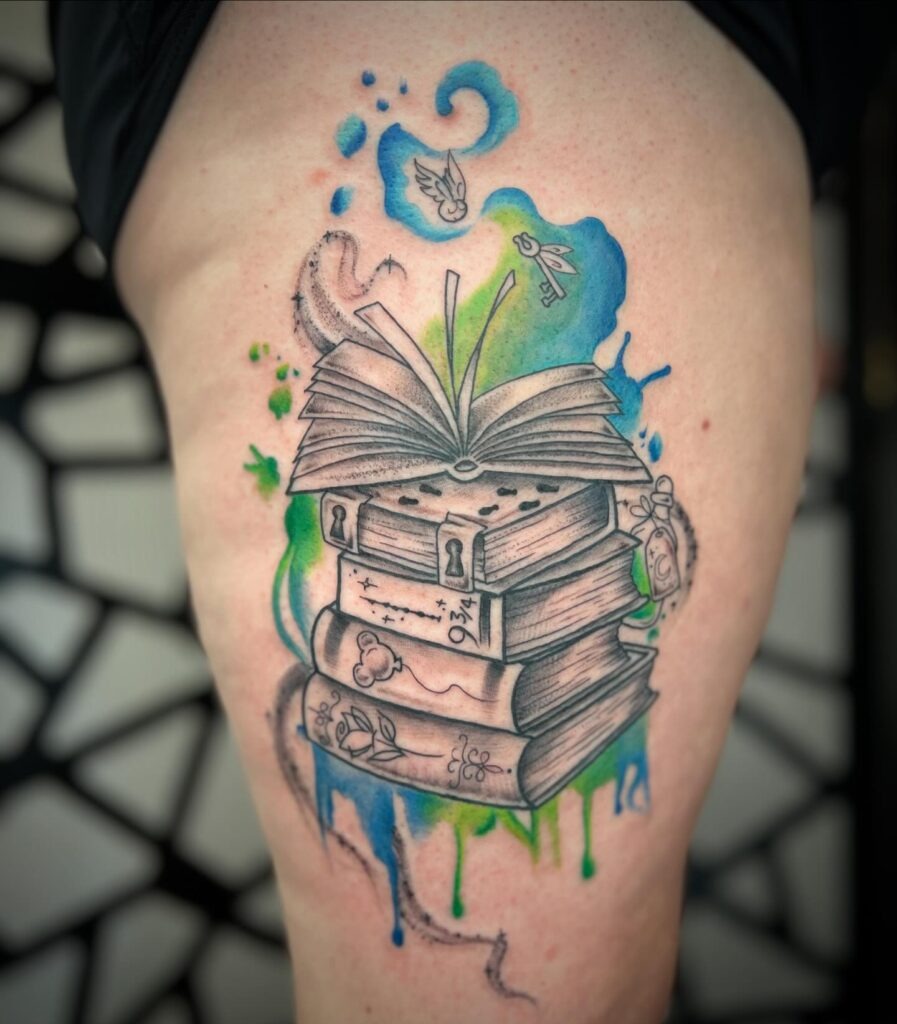 Magical Books and Watercolor Whimsy Tattoo Tattoo Design