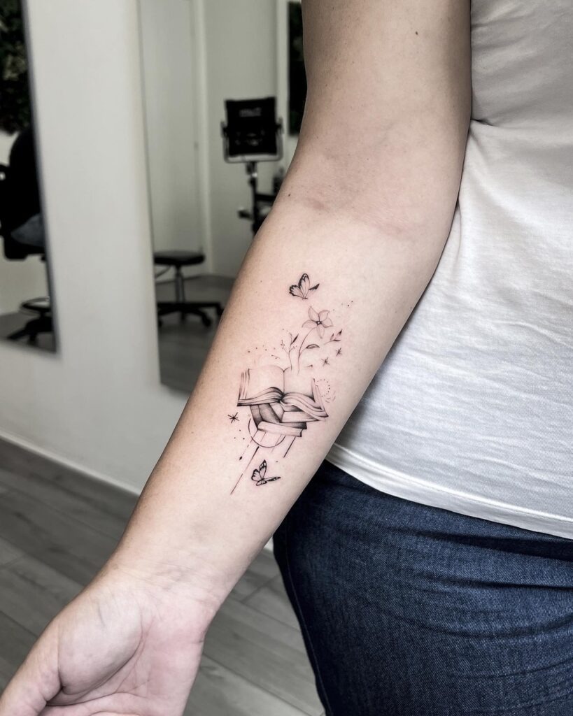 Open Book with Butterflies and Flowers Tattoo Tattoo Design