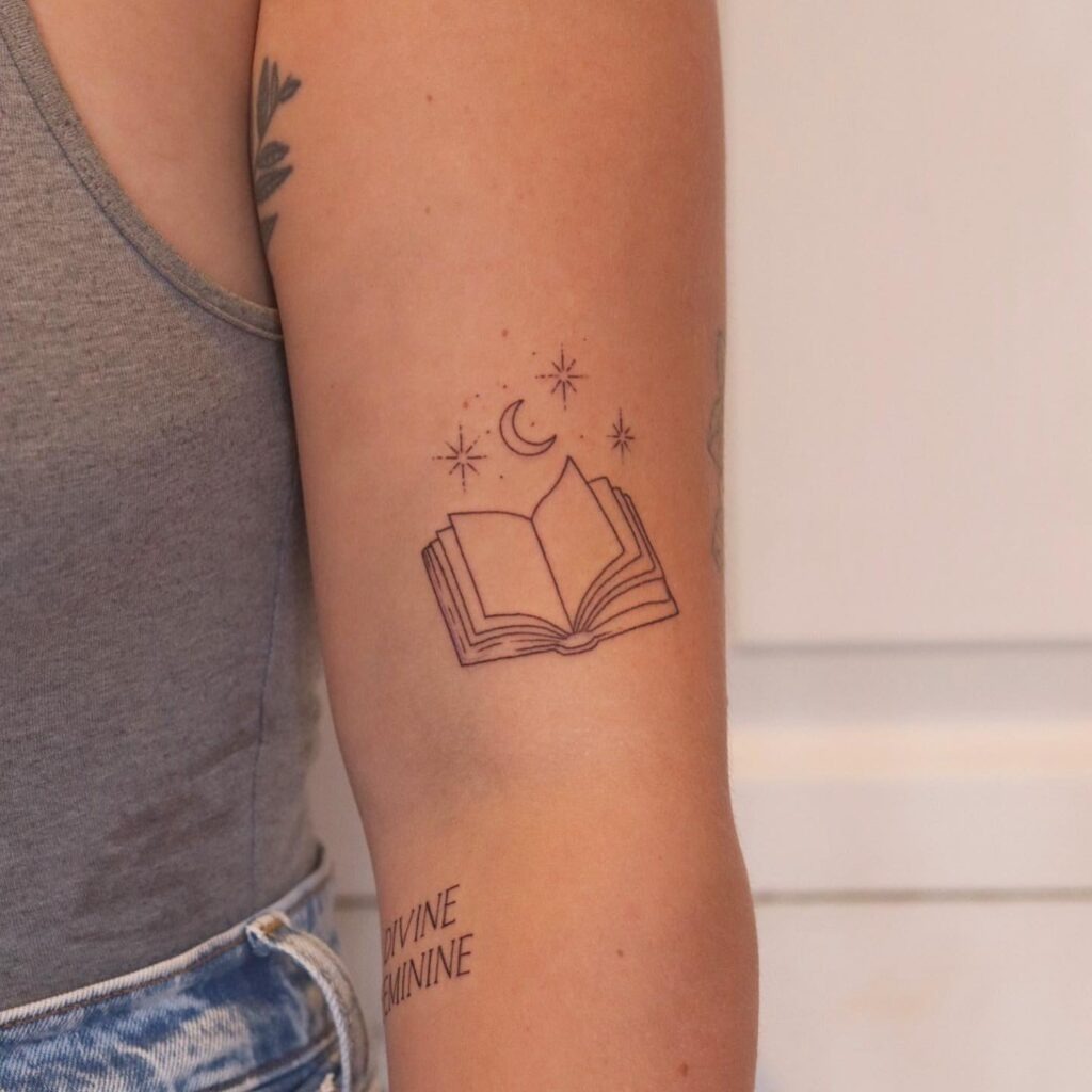 Open Book with Crescent Moon and Stars Tattoo Tattoo Design