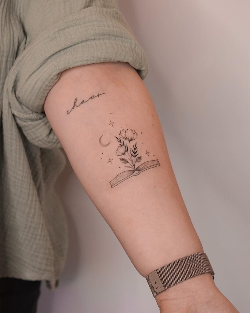 Open Book with Flowers, Crescent Moon, and Stars Tattoo Design