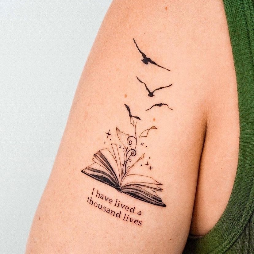 Open Book with Flying Birds and Quote Tattoo Tattoo Design