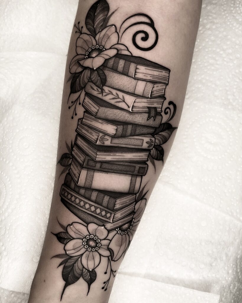 Ornamental Book Stack with Bold Florals Tattoo Tattoo Design