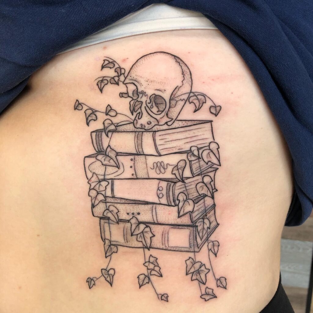 Skull and Ivy Book Stack Tattoo Tattoo Design