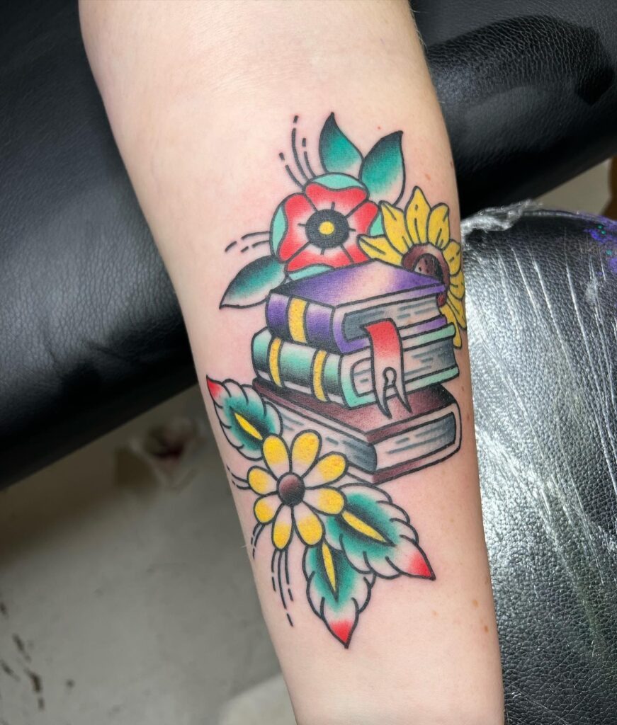 Traditional Floral Book Stack Tattoo Tattoo Design