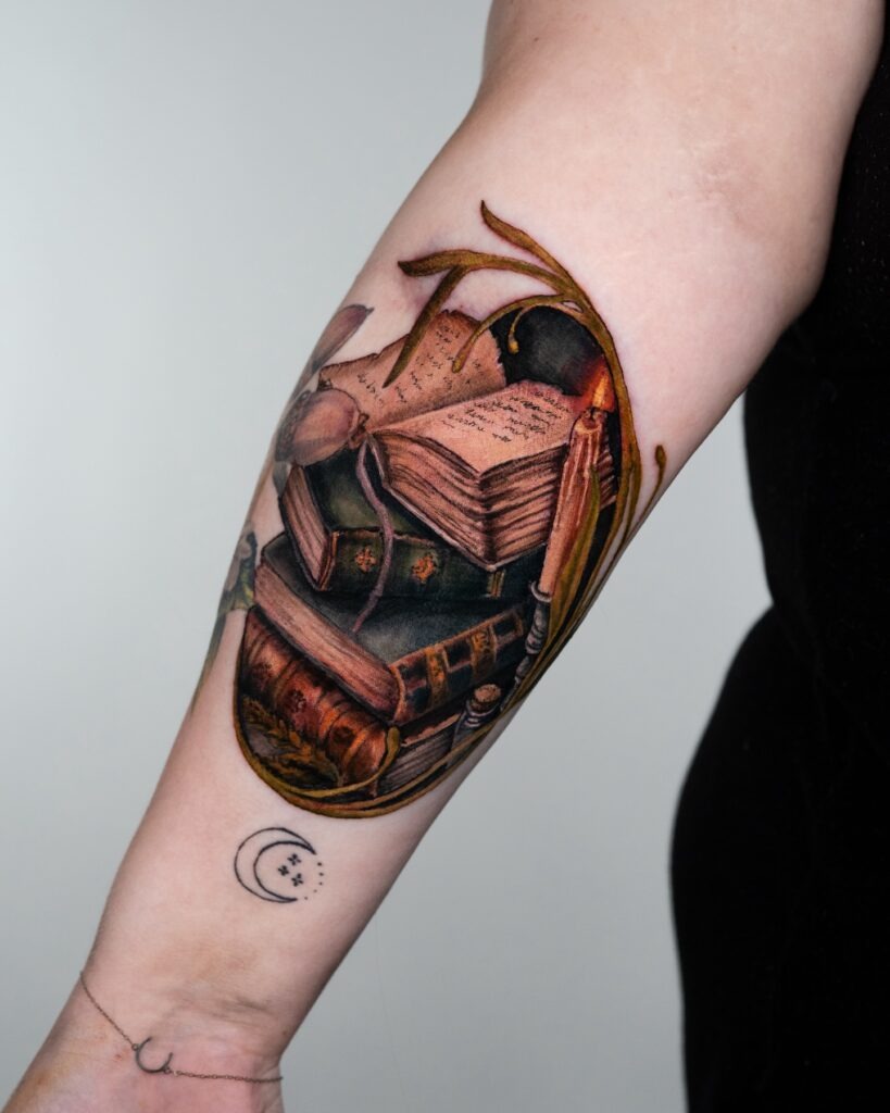 Vintage Books and Botanical Scroll Tattoo Tattoo Design