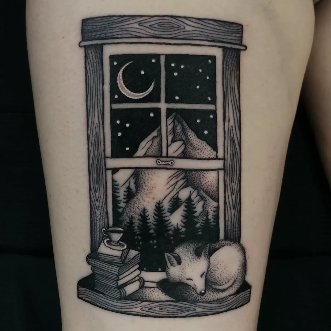 This tattoo beautifully displays a cozy window view.