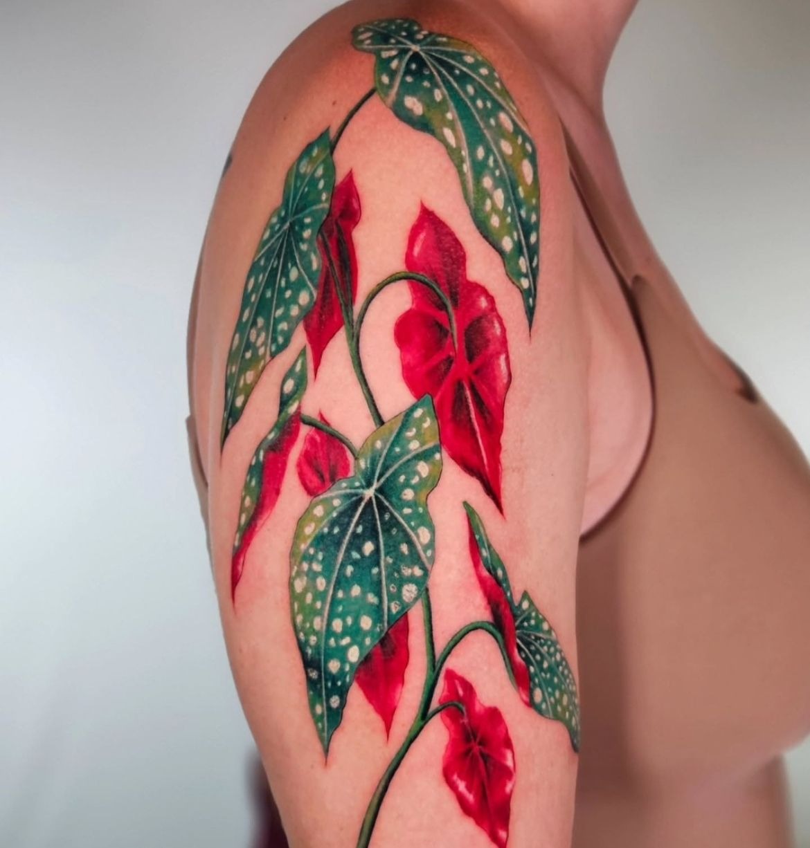 Bold Tropical Botanical Shoulder Piece Tattoo Design