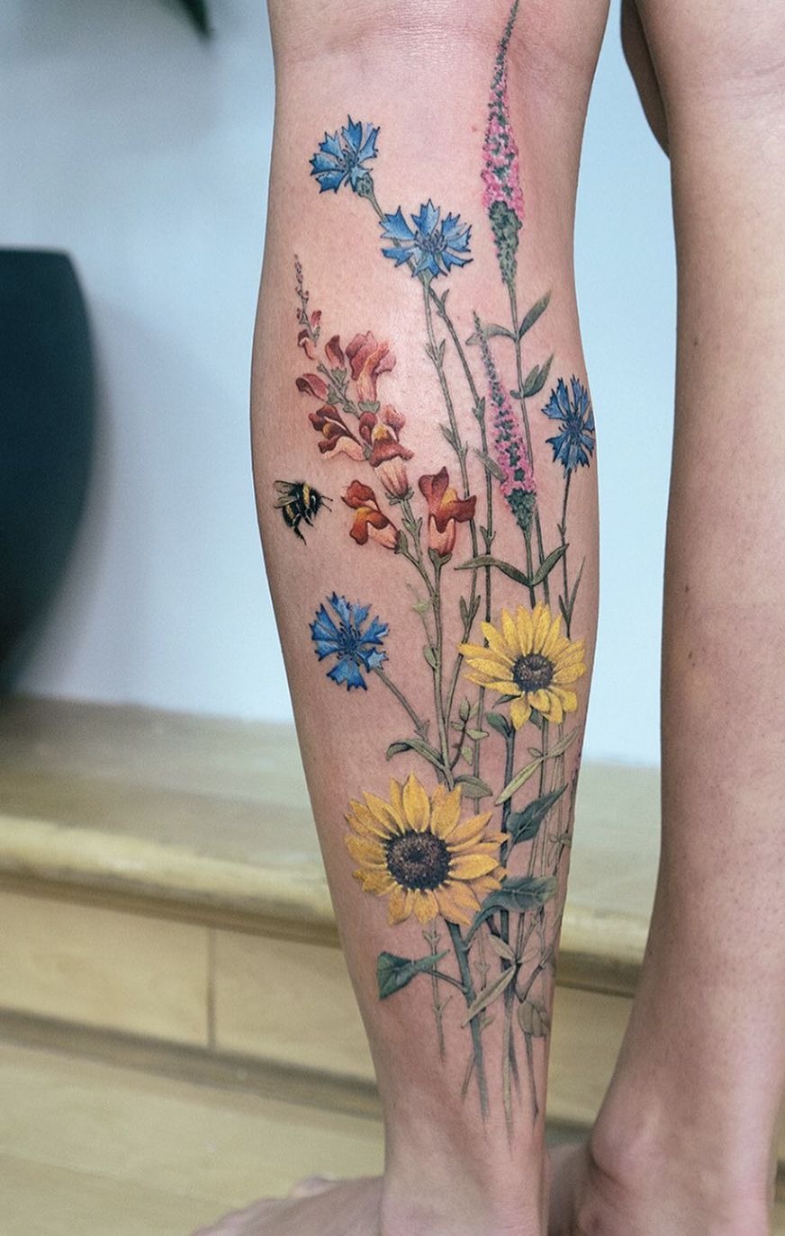 Botanical Leg Garden Scene Tattoo Design
