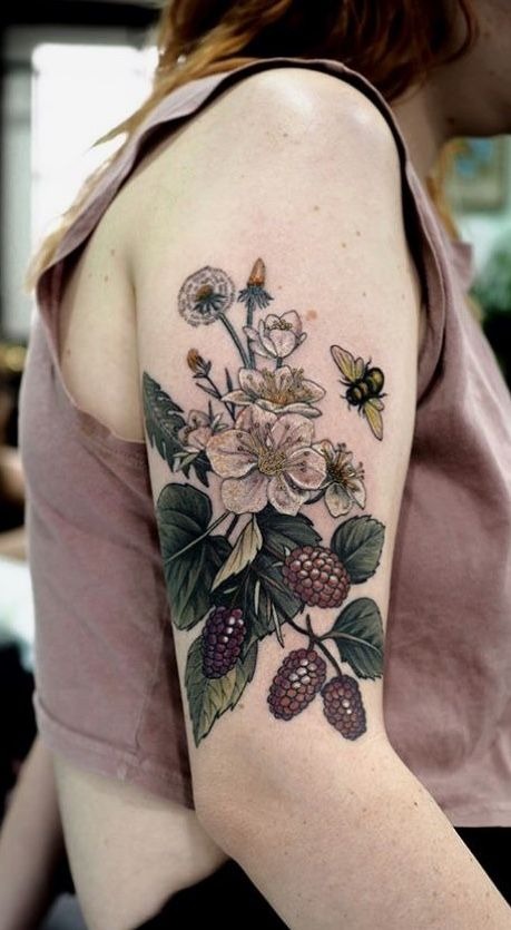 Colorful Botanical Shoulder Composition Tattoo Design