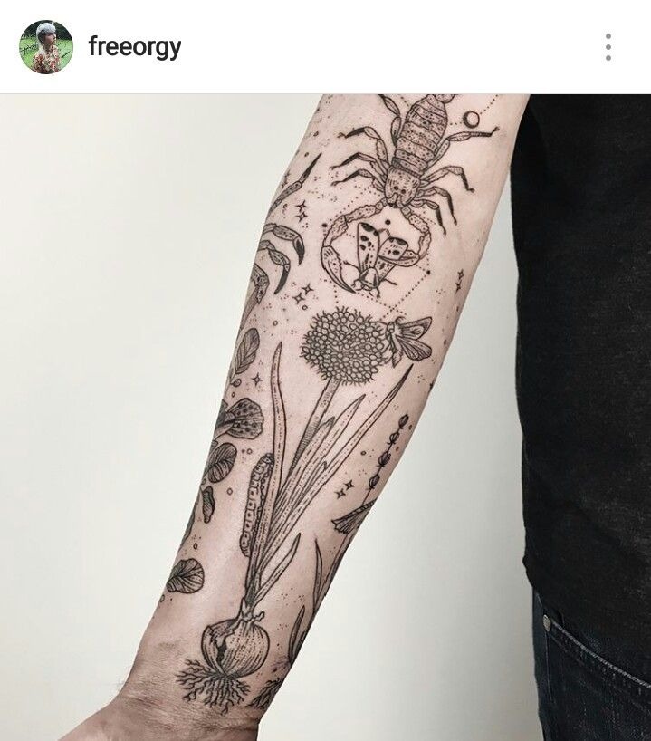 Intricate Botanical and Insect Sleeve Tattoo Design