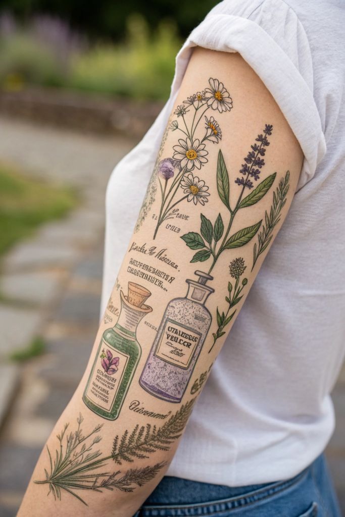 Vintage Botanical Apothecary Sleeve Tattoo Design