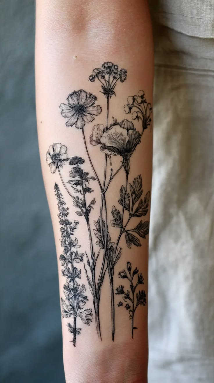 Vintage Wildflower Botanical Forearm Tattoo Design