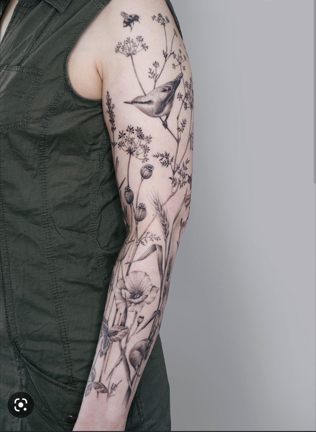 Wild Botanical Sleeve with Bird Detail Tattoo Design