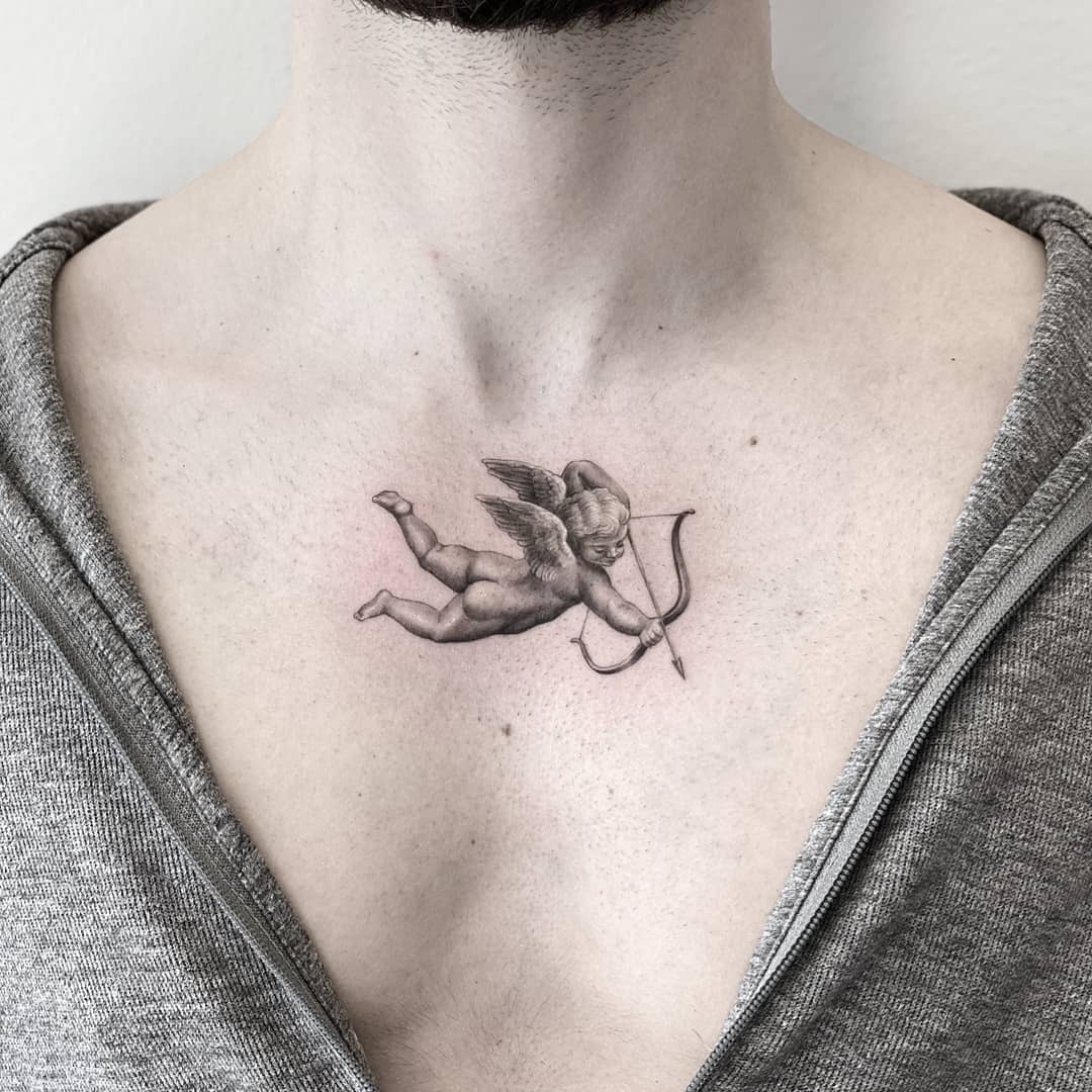 Renaissance Inspired Tattoo Dimensional Grayscale Cherub Arrow Tattoo Tattoo Design