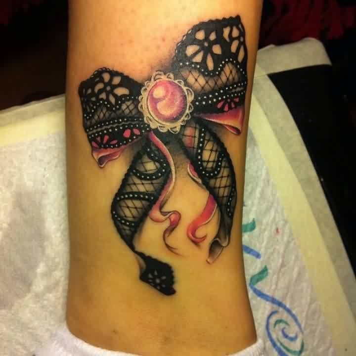 Pink Ribbon and Black Lace Tattoo Design