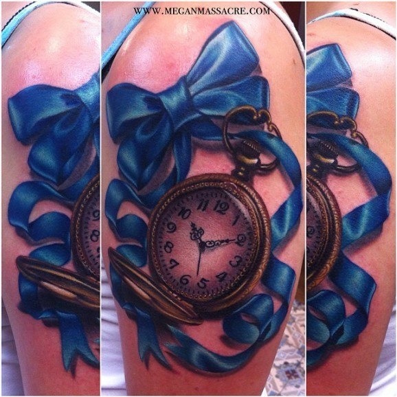 Timepiece and Blue Ribbon Tattoo Design